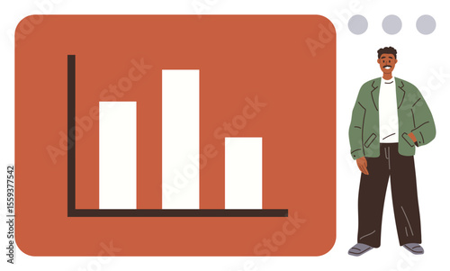 Bar graph with three bars in varying heights next to a smiling person in casual attire. Ideal for data analysis, teamwork, education, growth, leadership, progress, and business strategy. Clean flat