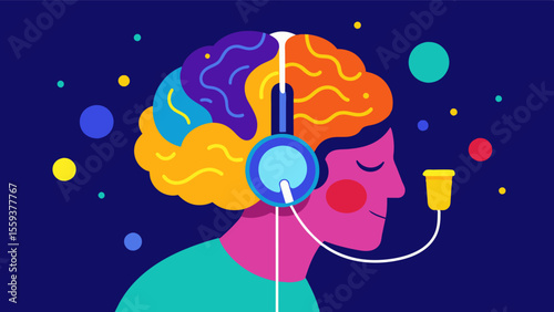 An illustration of a persons brain lighting up with colors and patterns while listening to a personalized music playlist representing the multisensory stimulation it provides.. Vector illustration