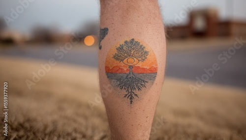 A creative tree of life tattoo with roots and an eye on a person's leg