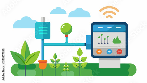A smart irrigation controller equipped with a feature for automatically detecting and adjusting watering schedules based on different soil types in the field.. Vector illustration