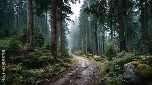 Enchanting forest trail through a mystical woodland with tall evergreen trees