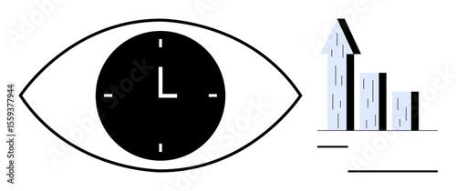 Large eye containing a clock paired with growing bar graph suggests focus, productivity, and time management. Ideal for business, efficiency, progress, entrepreneurship, focus, success simple
