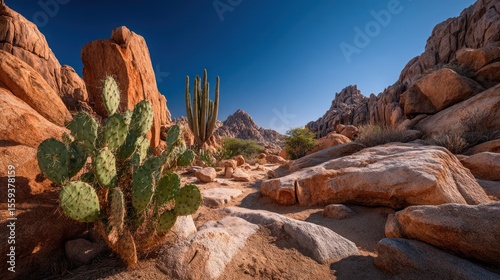 Scenic desert landscape featuring saguaro cactus and rocky formations under blue sky