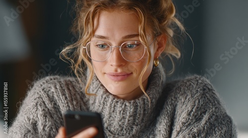 Woman with glasses in a cozy sweater using a smartphone with a smile on her face