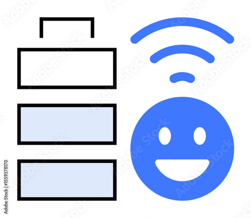 Smiling blue face with wireless signals and battery icon representing energy, wireless communication, technology, connection, positivity, and digital efficiency. Ideal for energy, IoT, smart devices