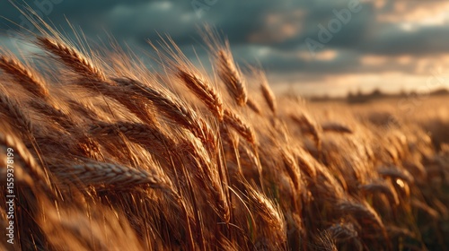 Golden wheat field swaying in the breeze at sunset with dramatic skies