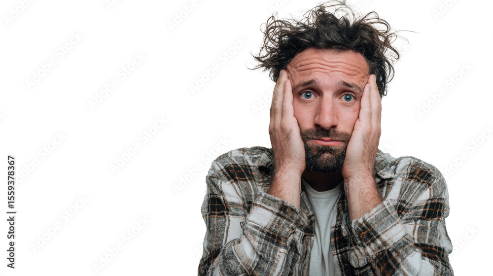 A man expressing frustration with hands on his face, isolated on a white background. A man expressing frustration with hands on his face, isolated on a white background.