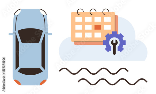 Blue car next to a calendar with a gear icon symbolizing scheduled maintenance, planning, or appointments. Ideal for automotive services, repair scheduling, fleet management, transport logistics