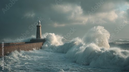 Dramatic Seascape with Lighthouse Battling Crashing Waves Under Stormy Skies