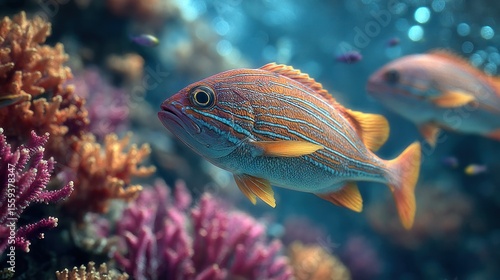 Vibrant marine life: Fish swimming amidst colorful coral reefs in a serene ocean