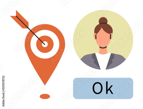 Person with headset near location pin hitting a bullseye, symbolizing success and accuracy. Ideal for customer service, goals, focus, achievement, precision, approval, and success in a simple flat