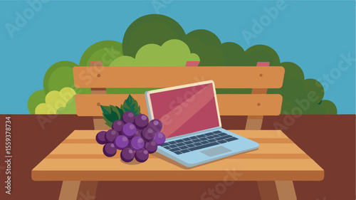 Resting atop a weathered wooden bench a laptop shares the serene space with a of ripe gs ready to be plucked and enjoyed.. Vector illustration