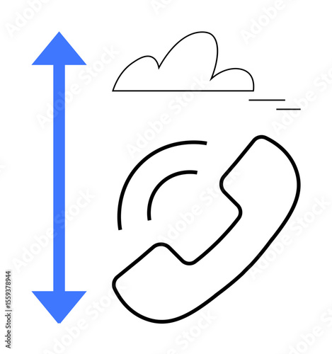 Phone receiver with sound waves, cloud, and vertical blue arrow reflecting communication, scalability, and connection. Ideal for tech, cloud service, telecom, scalability mobility networking