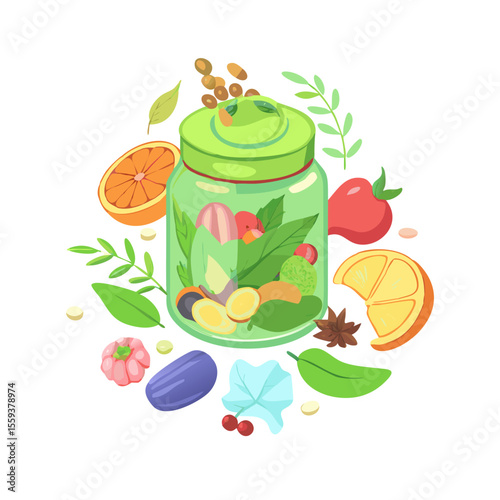 Colorful Jar of Mixed Fruits and Leaves for Nutrition Blogs, Healthy Eating Websites, Wellness Articles, Organic Living Content, and Educational Materials  