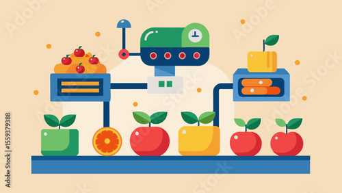 An AIpowered sorting machine accurately separates different types of produce ensuring the highest quality products are distributed for sale.. Vector illustration