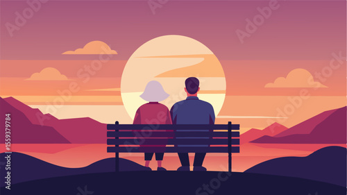 An elderly couple sitting on a bench overlooking a beautiful sunset showcasing the sense of peace and gratitude that comes with enjoying simple moments in life.. Vector illustration