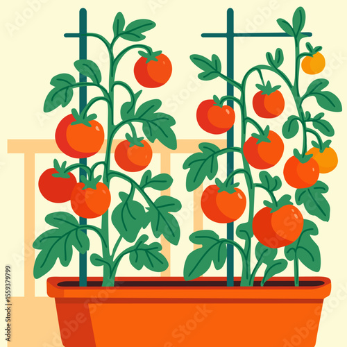 Balcony tomato farm. Vegetable bed. Bright vector illustration