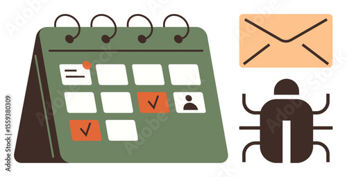 Desk calendar with checkmarks, person icon, bug symbol, and email envelope suggesting task planning, software debugging, communication, and workflow. Ideal for productivity, teamwork bug tracking