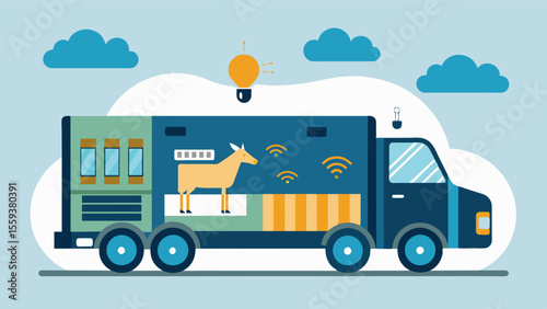 A smart livestock transportation truck is depicted equipped with AI sensors that monitor and adjust temperature humidity and air quality to ensure the animals comfort and wellbeing. Vector