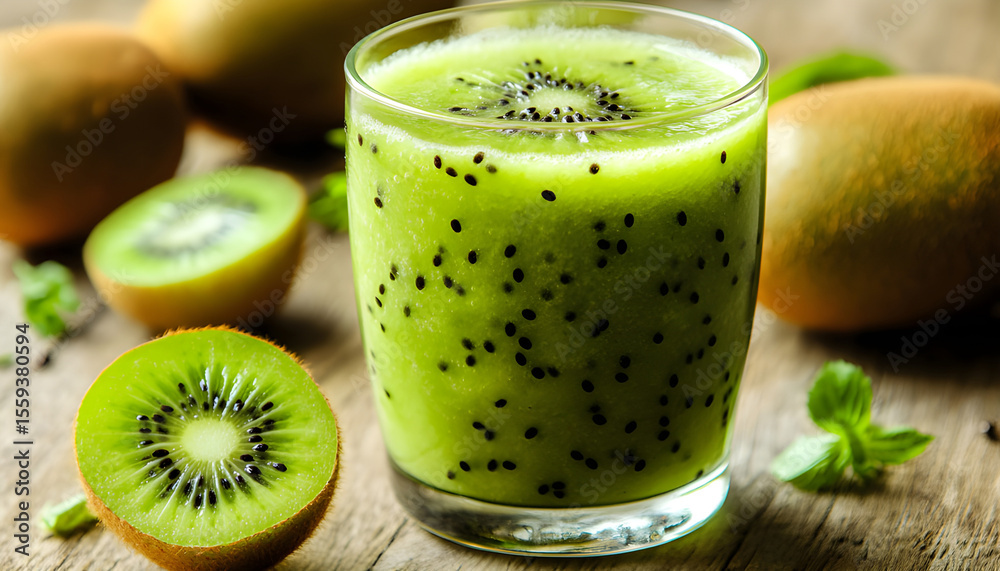 glass of kiwi juice with fresh fruits on wooden table glass of kiwi juice with fresh fruits on wooden table
