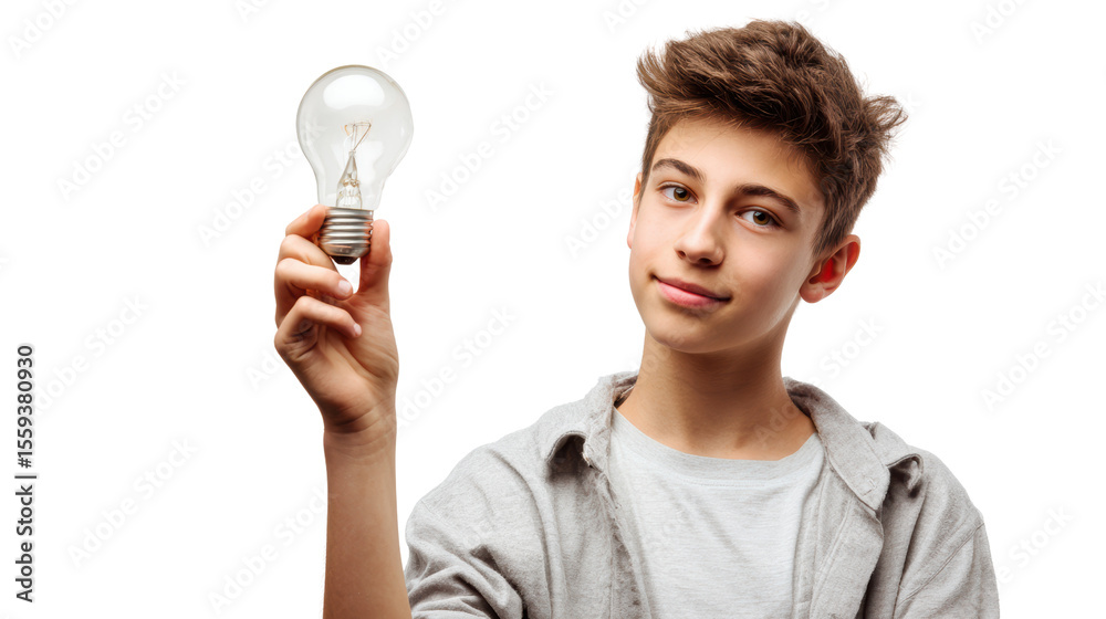 Young boy holding a light bulb with a thoughtful expression, isolated on white background. Young boy holding a light bulb with a thoughtful expression, isolated on white background.