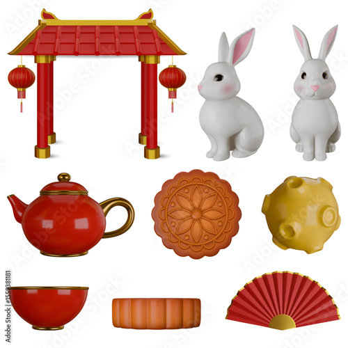 set of chinese mid autumn festival 3d elements