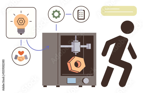 3D printer creating an object with connected icons of idea, teamwork, gear, checklist, and a walking figure. Ideal for innovation, manufacturing, creativity, teamwork technology development simple