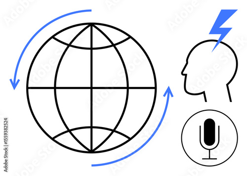 Globe with arrows, head with lightning bolt, microphone suggest communication, innovation, global networking. Ideal for technology, AI, brainstorming, voice tech globalization connectivity simple