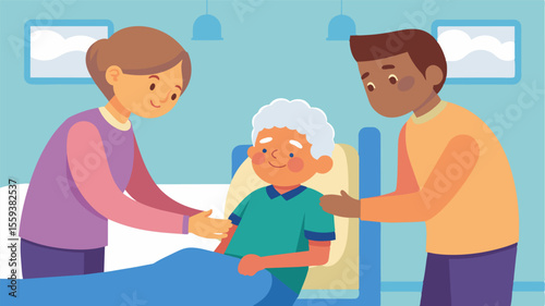 In a hospital room a small child reaches up to place their tiny hands on the shoulders of their sick grandparent. The childs innocent gesture brings a sense of peace and hope to. Vector illustration