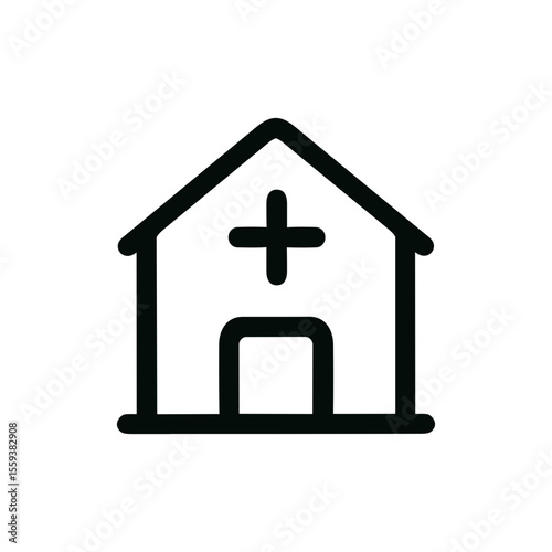 Minimalist Outline Hospital Building With Cross Sign Icon Element Design