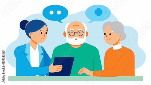An older couple meets with a geriatric spet to create a personalized care plan for managing their agerelated cognitive decline. They discuss the importance of staying mentally. Vector illustration