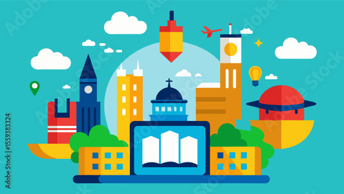 City sightseeing Explore famous cities and landmarks from the comfort of your own home with VR travel. Visit iconic buildings bustling streets and famous monuments all while. Vector illustration