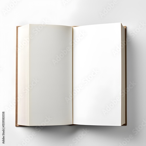 A hardcover book that is open and slightly curved, with blank pages.