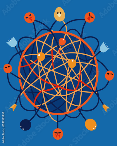 Each strand of the stress web represents a different thought worry or fear all coming together to form a tangled mess of overwhelming distress.. Vector illustration
