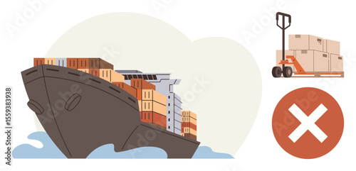 Cargo ship loaded with containers alongside a pallet trolley carrying boxes and a prohibition cross. Ideal for logistics, shipping, global trade, importexport, supply chain, restrictions, business
