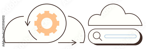 Gear rotates within cloud, symbolizing processing, alongside search bar for retrieval. Ideal for technology, cloud computing, IT services, data management, innovation, automation digital tools