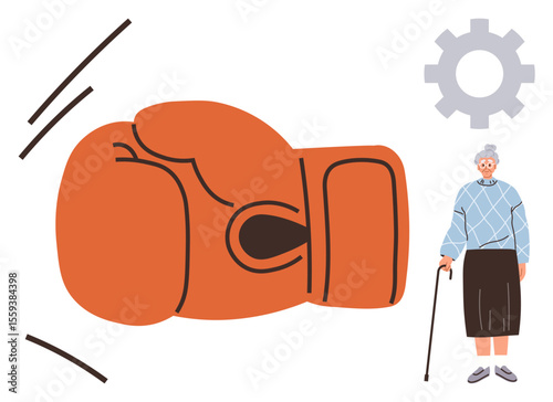 Oversized red boxing glove near elderly woman holding cane, with a gear in the background. Ideal for aging, strength, resilience, empowerment, overcoming challenges, perseverance healthy aging. A