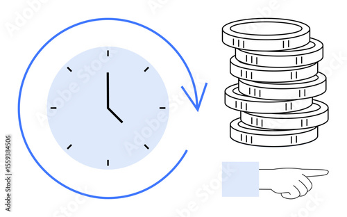 Clock encircled by arrow signifies time efficiency, stack of coins for wealth, and pointing hand for focus. Ideal for finance, time management, investment, productivity, economy, decision-making
