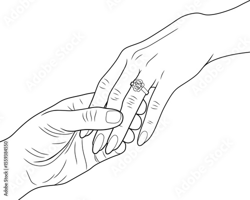 Line Art of Romantic Engagement Ring Moment – Couple Holding Hands