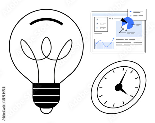 Lightbulb representing innovation, data analytics screen for insights, and clock indicating time management. Ideal for brainstorming, creativity, productivity, strategy, technology, business