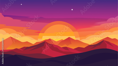A view of a colorful sunset over a vast landscape inspiring feelings of awe and wonder and promoting a sense of gratitude and appreciation for the natural world.. Vector illustration