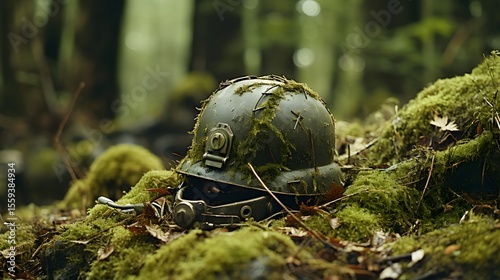 A soldier's helmet left on the ground covered with green moss in the middle of the forest.
