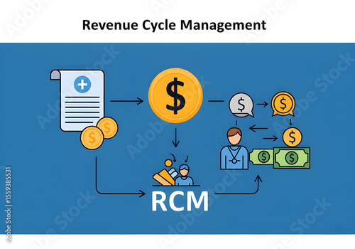 Revenue cycle management (RCM) diagram: healthcare billing, payment processing, financial flow, and revenue generation.