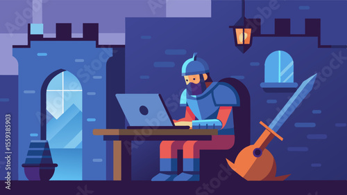 In the castles armory a knight takes a break from training to check his battle strategy on his trusty laptop.. Vector illustration