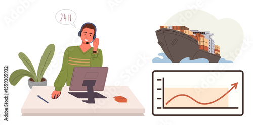 Logistics agent in a call center responds to inquiries beside a computer. Cargo ship loaded with containers and upward-trending graph represent global shipping, trade, and growth. Ideal