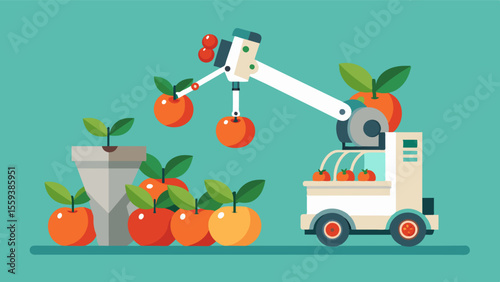An autonomous robotic harvester that can handle delicate produce with care mimicking the gentle touch of human hands to avoid bruising or damage.. Vector illustration