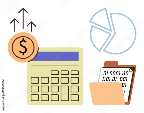 Calculator with dollar coin and upward arrows, pie chart, and folder with binary data. Ideal for finance, accounting, data analysis, technology, business growth, economics simple flat metaphor