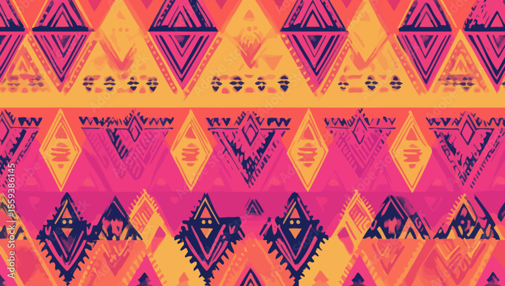 Fototapeta premium This hand-drawn seamless pattern is a Batik design that incorporates geometric doodles and abstract illustrations, making it suitable for use as wallpaper, with its tribal ethnic modern texture and