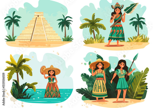A set of modern illustrations showcases a Maya tribal leader, a warrior with a weapon in hand, and women donning traditional ethnic clothes, positioned near a pyramid