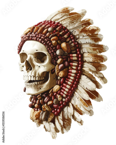 Mexican Aztec skull mask design illustrated in a modern tattoo style